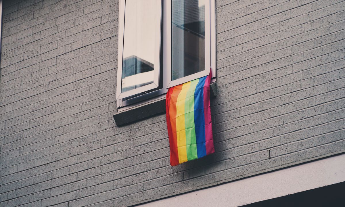 A rainbow pride flag hanging from a residential window